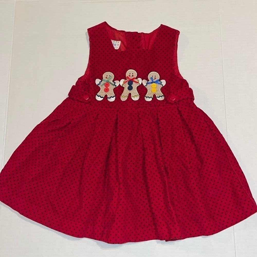 RARE-VTG-90’s-Samara-2T-red& black dots, pleaded,Corduroy, gingerbread man dress